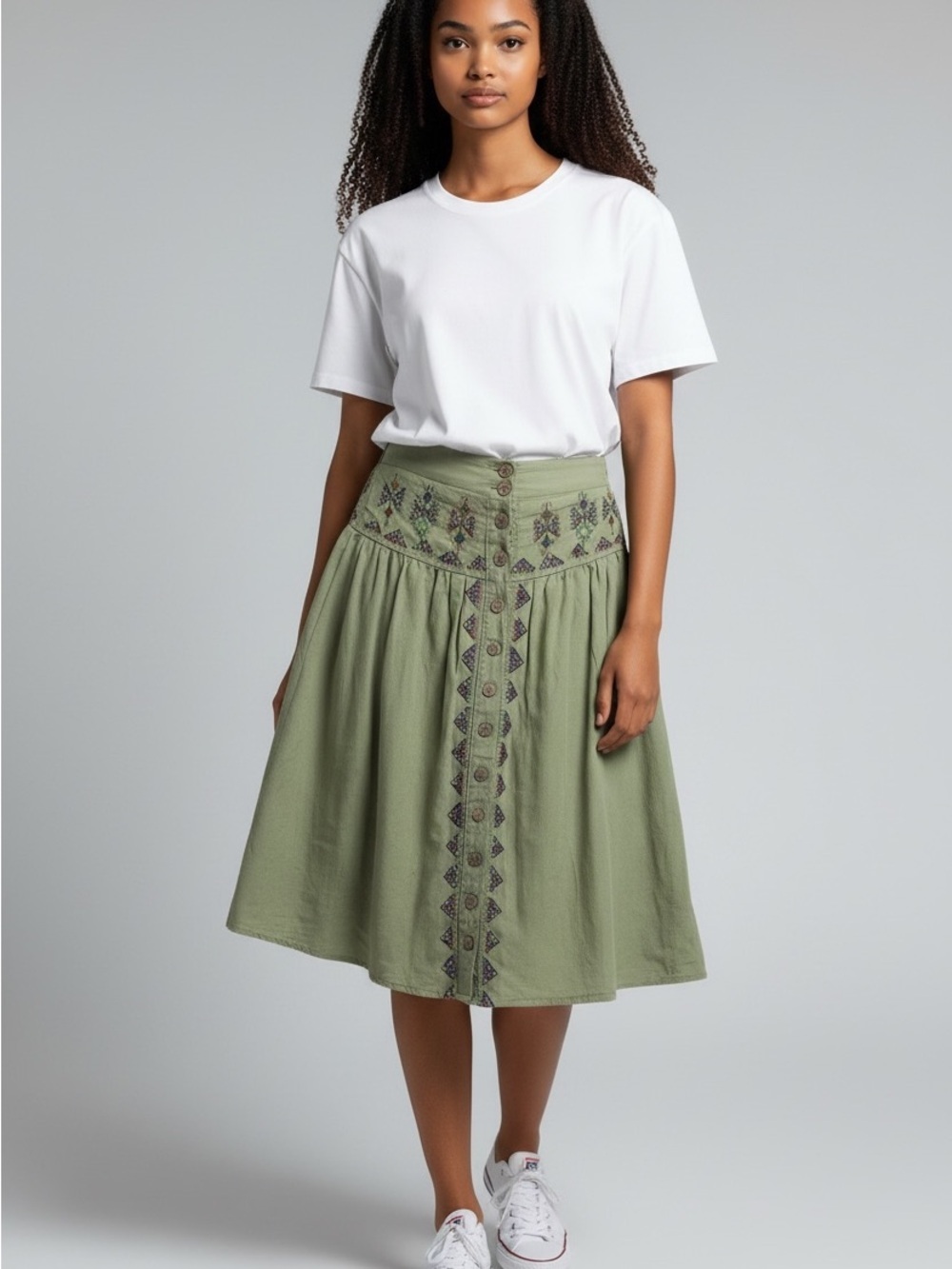 Maeve Olive Green Embroidered Button-Front Skater Skirt, Lined